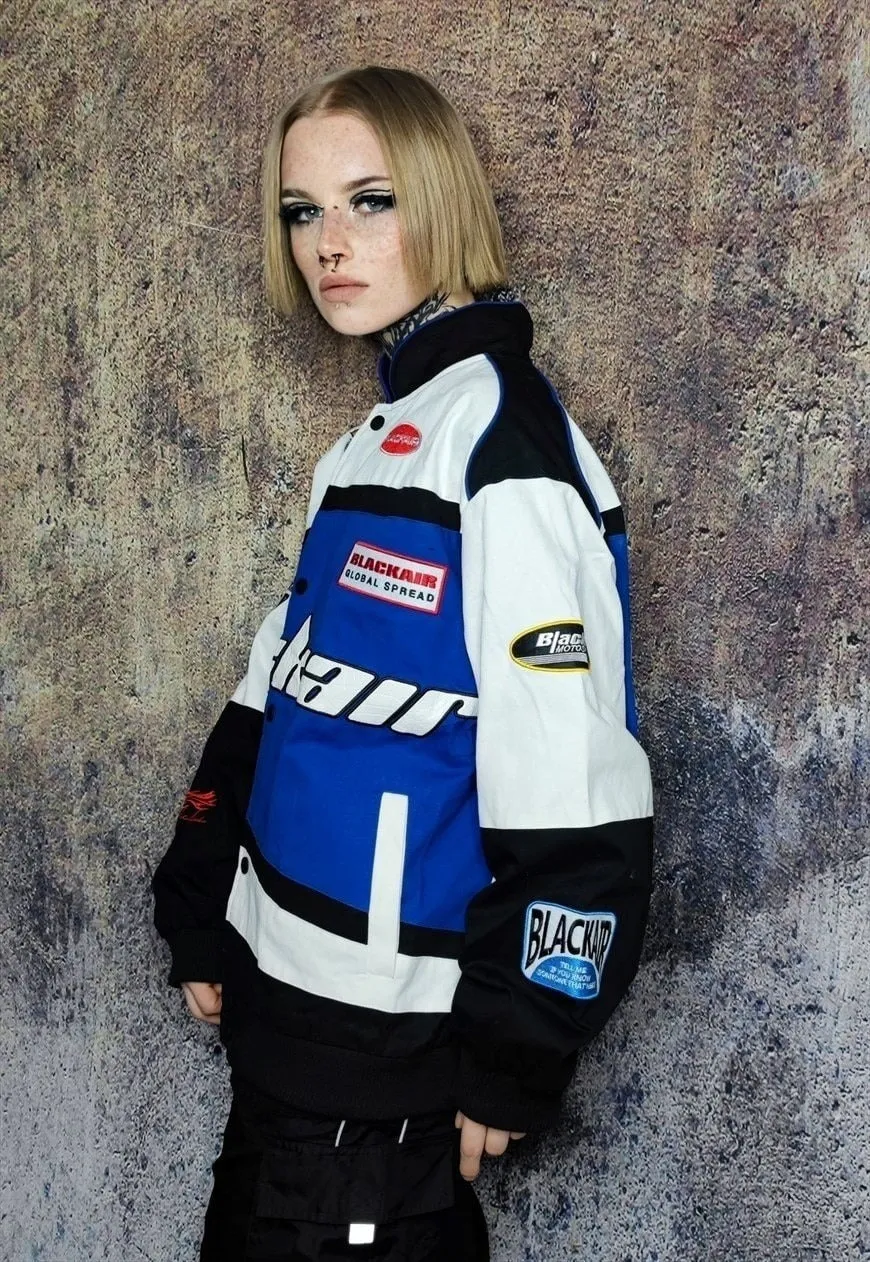 Racer jacket multi patch padded motorcycle bomber in blue