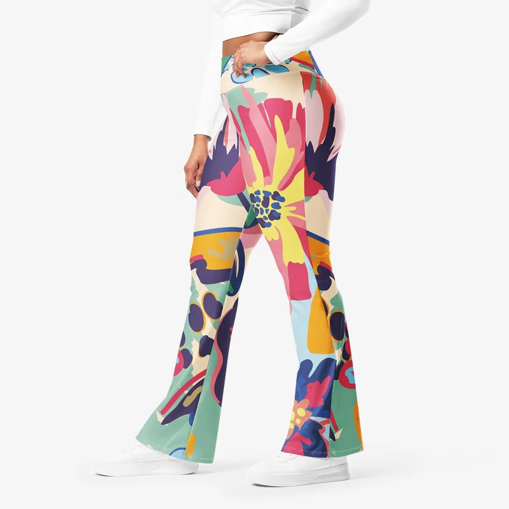 Recycled Flare leggings "Flower Splash" Red/Yellow/Blue