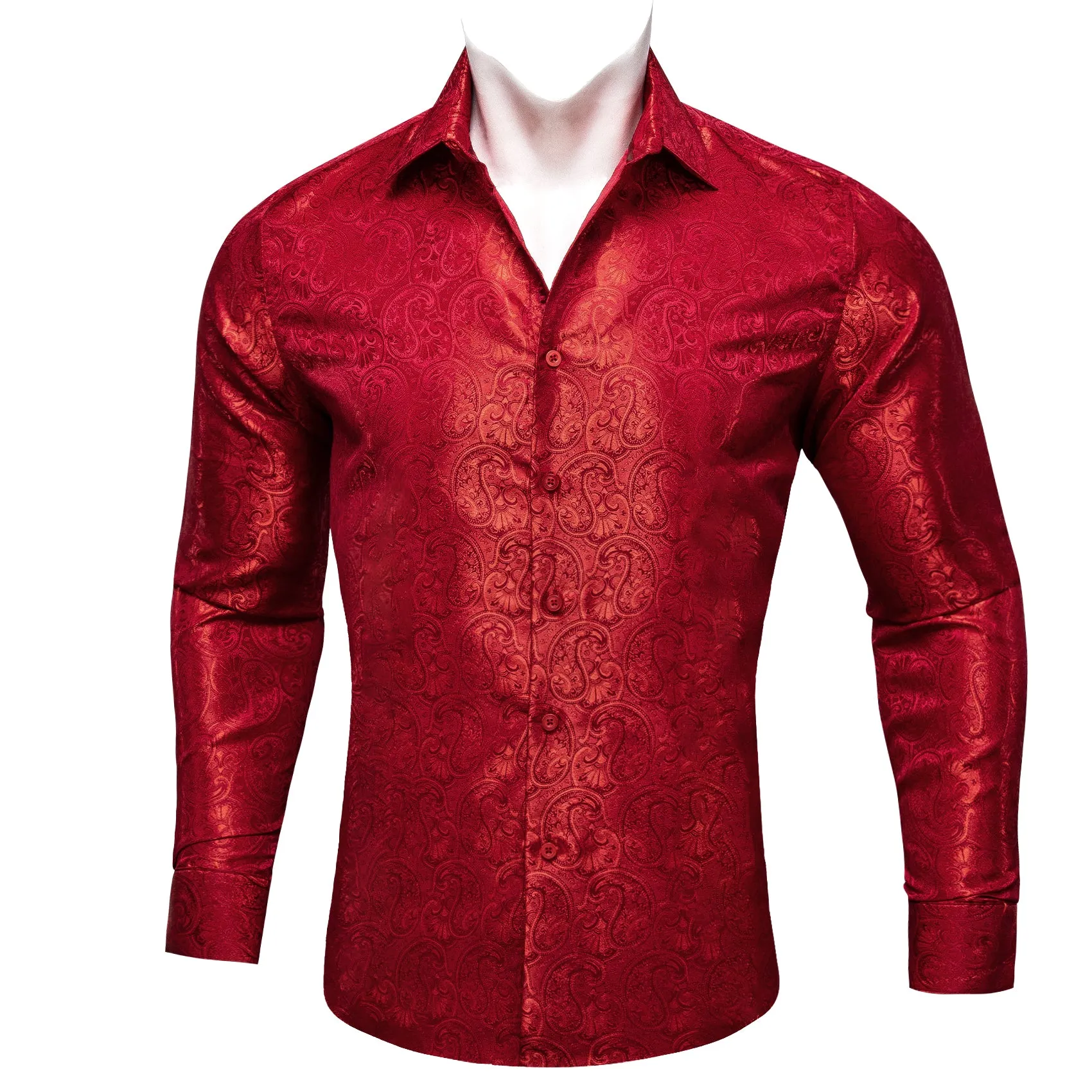 Red Paisley Pattern Silk Men's Long Sleeve Shirt