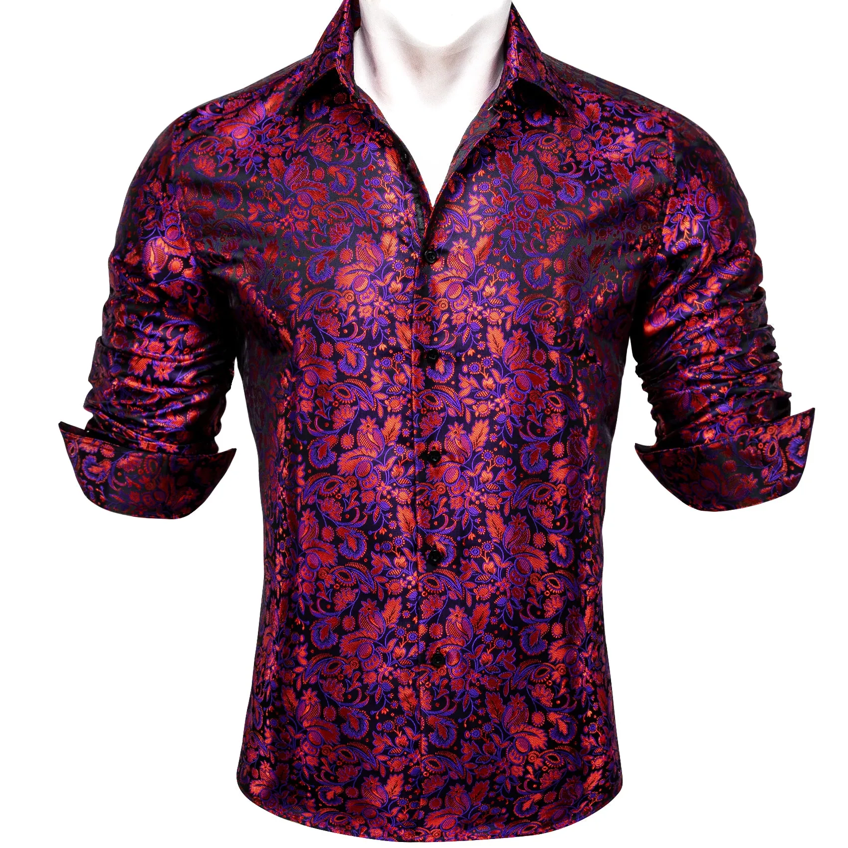 Red Purple Paisley Flower Pattern Silk Men's Long Sleeve Shirt