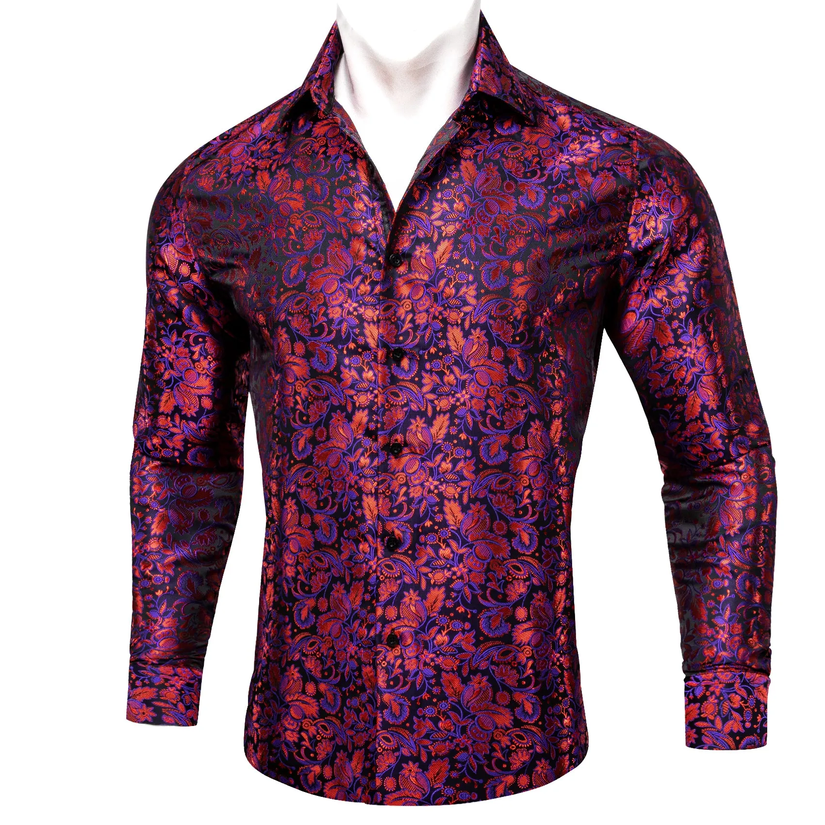 Red Purple Paisley Flower Pattern Silk Men's Long Sleeve Shirt