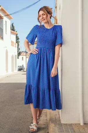 Rumi Shirred Midi Dress - Blue, Dotted Lines