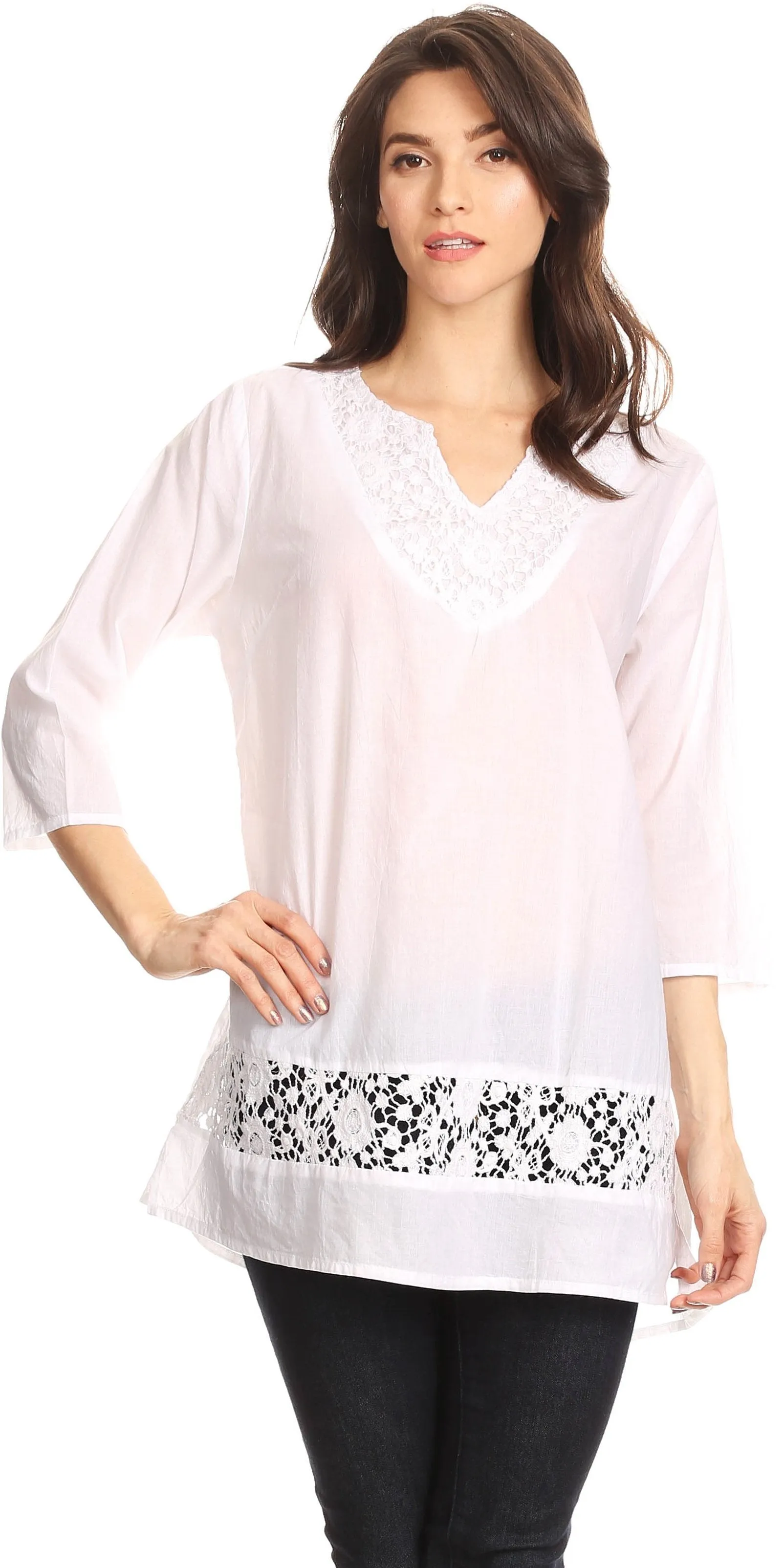 Sakkas Elisa V-Neck Elbow Sleeve Crochet Lace Tunic