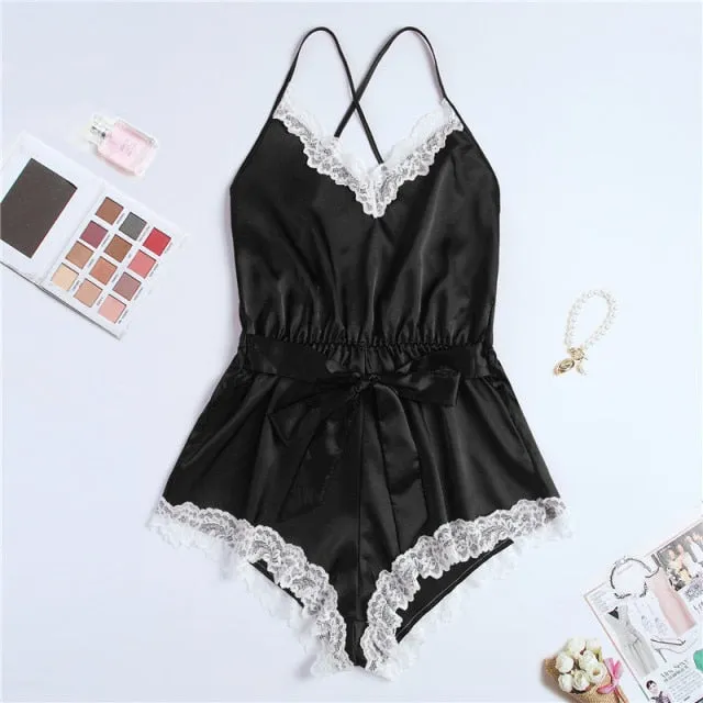 Sexy romper elegant bodysuits satin pajamas belt playsuit casual  holiday body mujer jumpsuits comfy nightdress