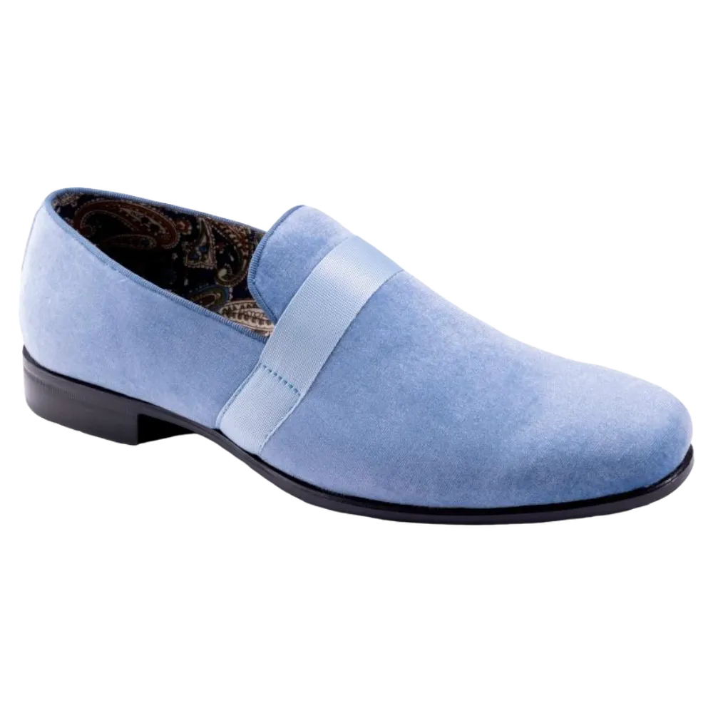 Sky Blue Velvet Men's Shoe Slip-on with a satin ribbon