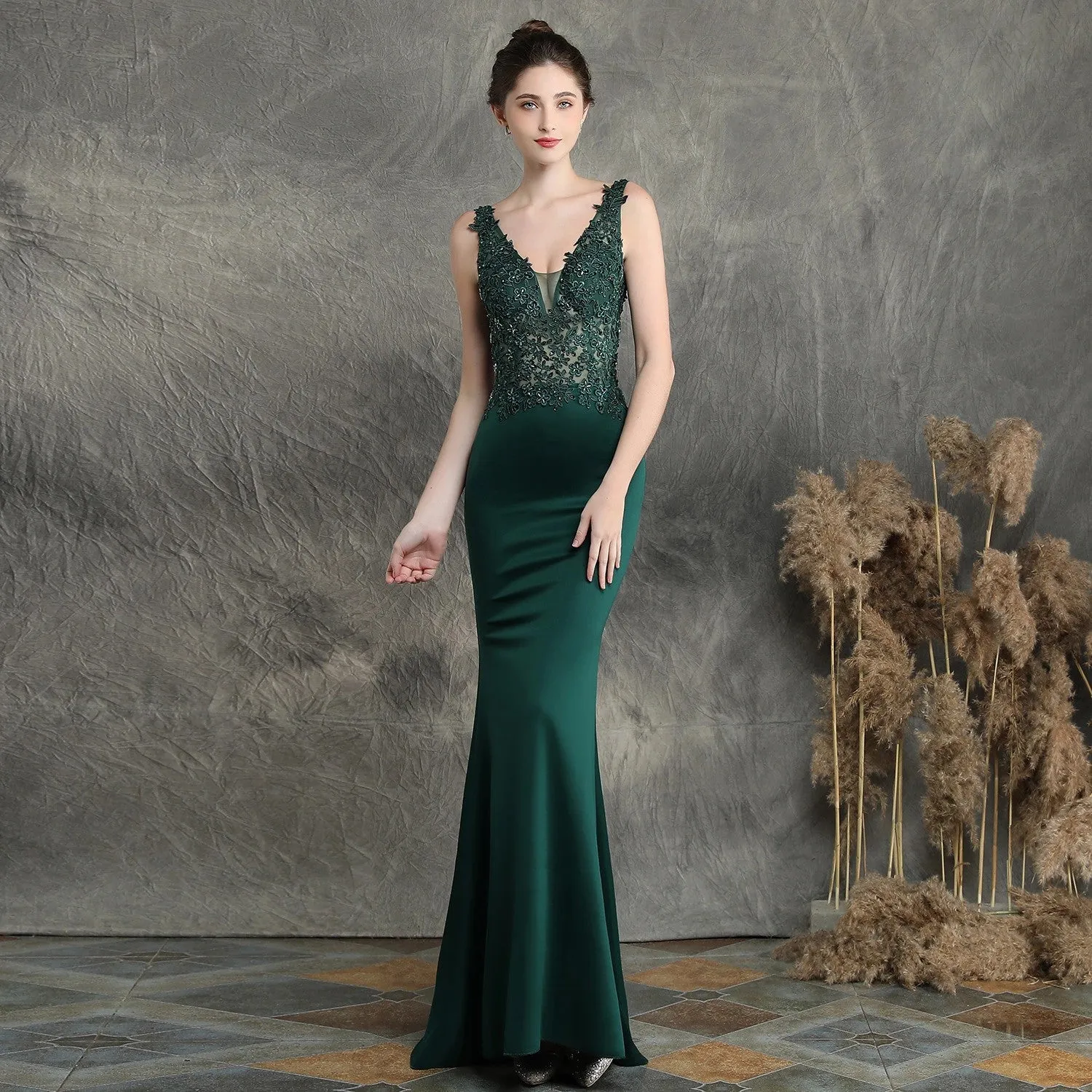 solid hand-made beaded clothing long banquet applique mermaid bride evening dress for wedding