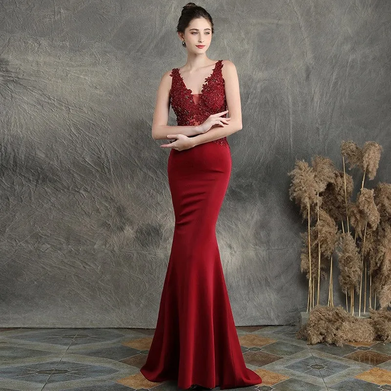 solid hand-made beaded clothing long banquet applique mermaid bride evening dress for wedding