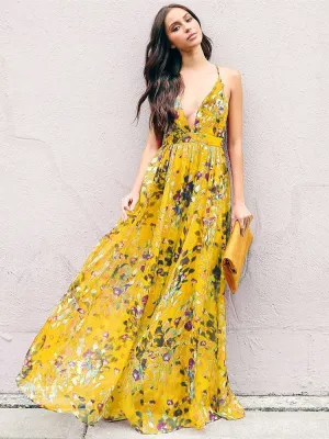 Spaghetti flowing backless maxi floral dress