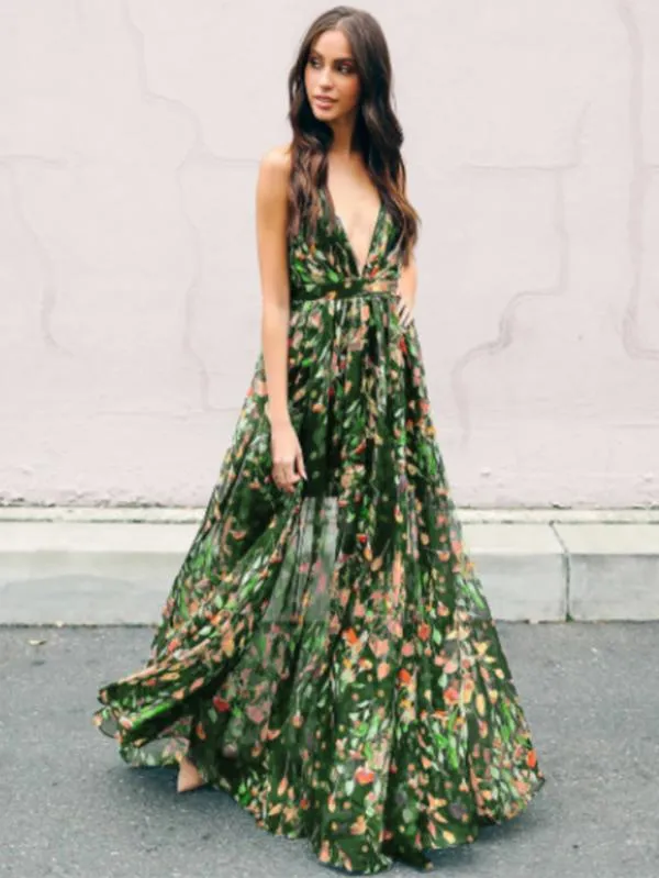 Spaghetti flowing backless maxi floral dress