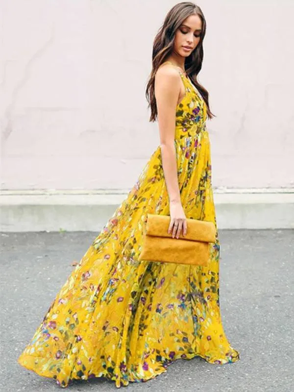 Spaghetti flowing backless maxi floral dress