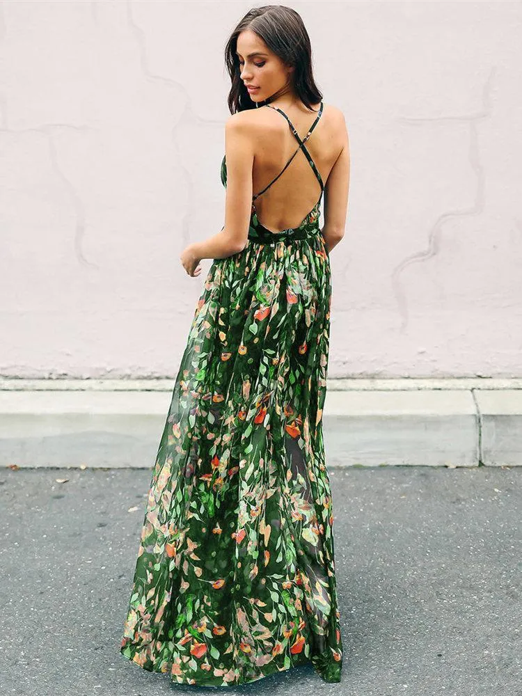 Spaghetti flowing backless maxi floral dress