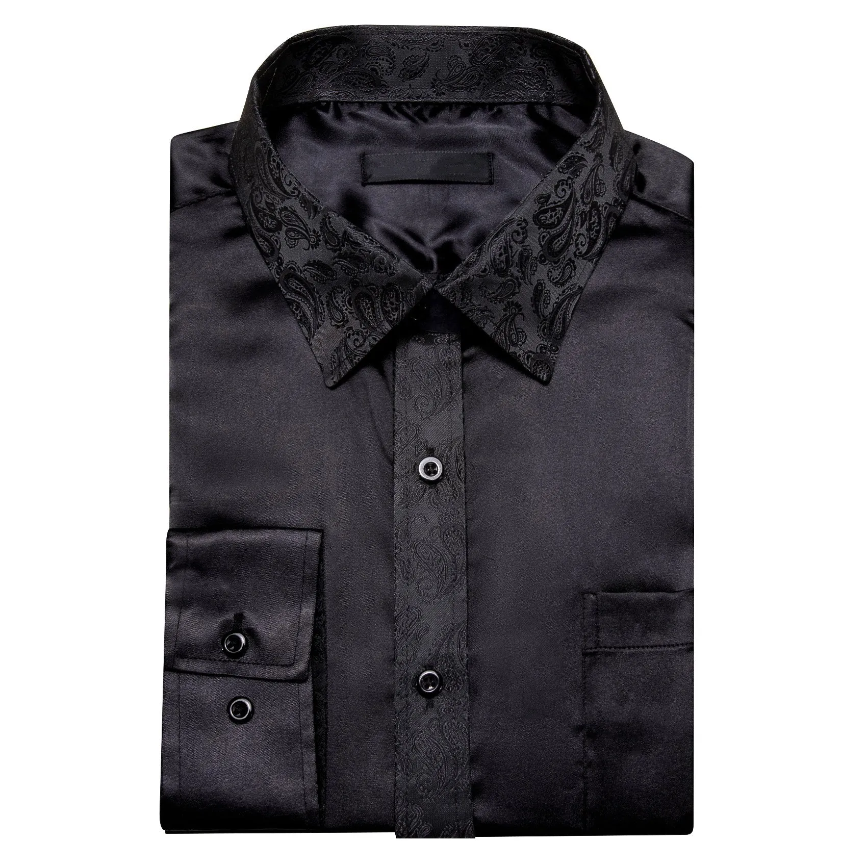 Splicing Style Black Solid with Black Paisley Edge Men's Long Sleeve Shirt