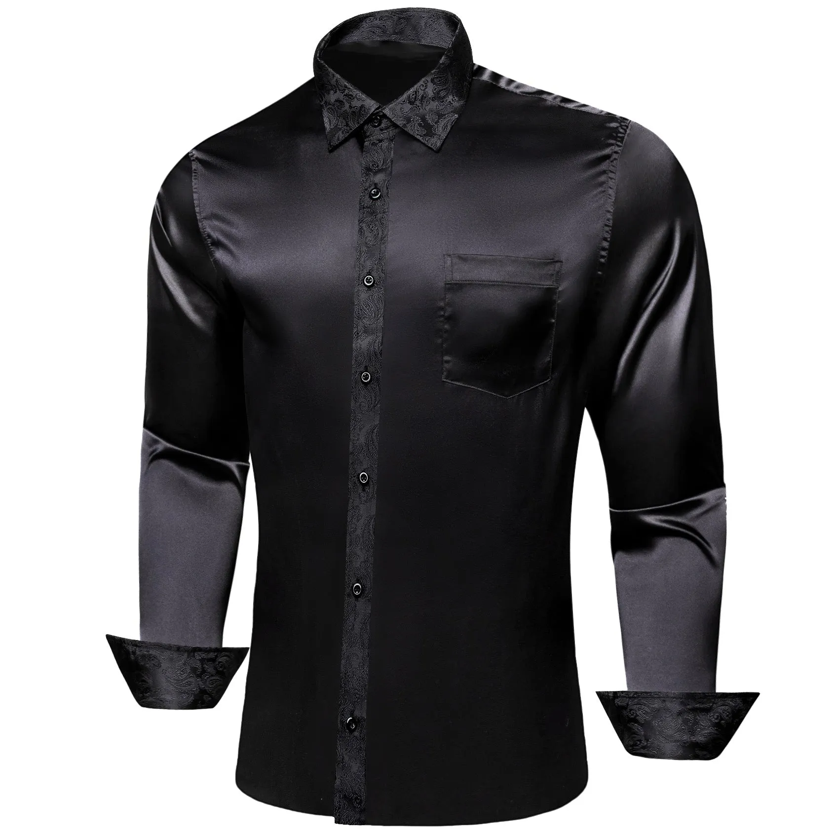 Splicing Style Black Solid with Black Paisley Edge Men's Long Sleeve Shirt