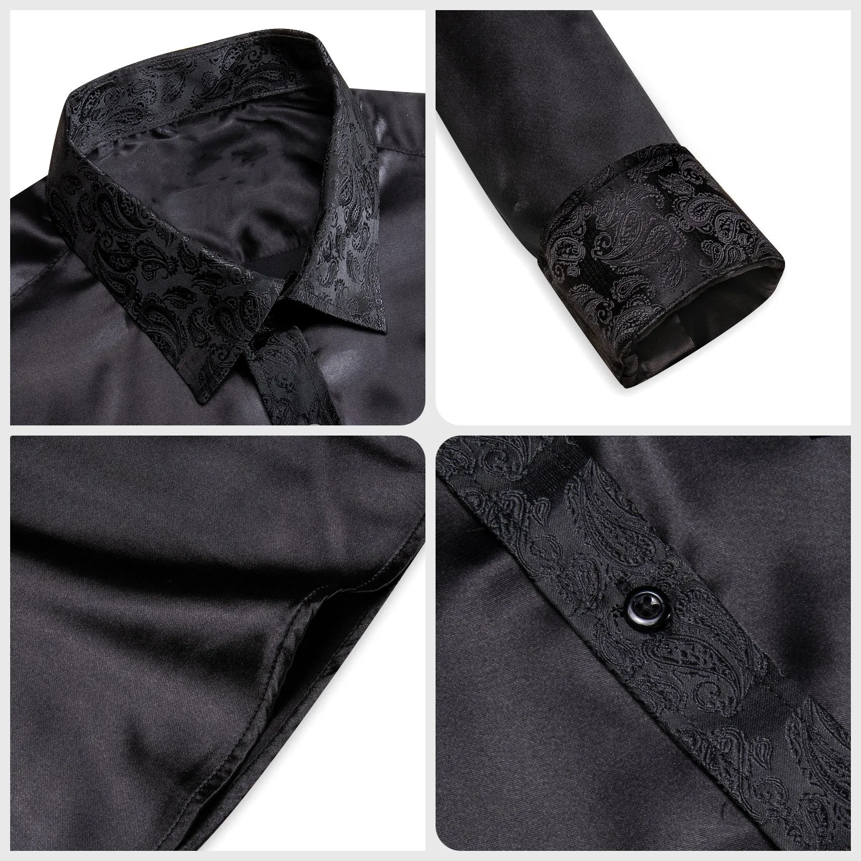 Splicing Style Black Solid with Black Paisley Edge Men's Long Sleeve Shirt