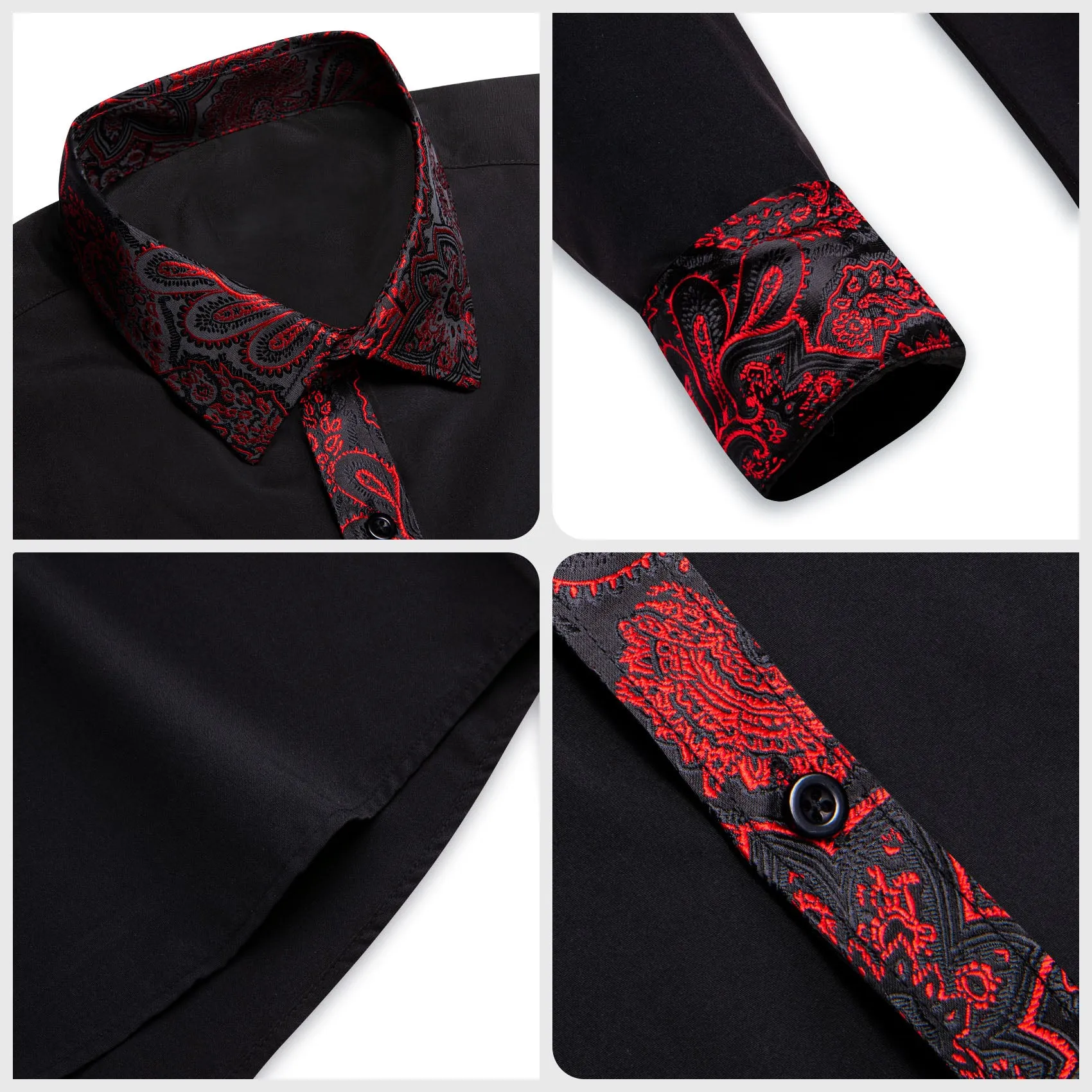 Splicing Style Black with Red Paisley Edge Men Long Sleeve Shirt