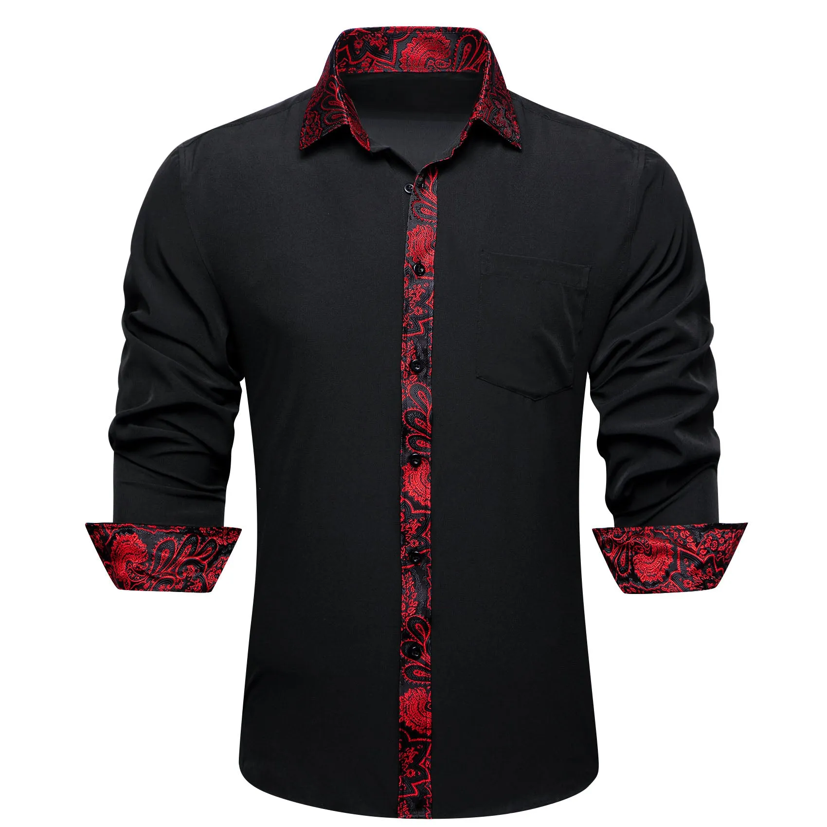 Splicing Style Black with Red Paisley Edge Men Long Sleeve Shirt