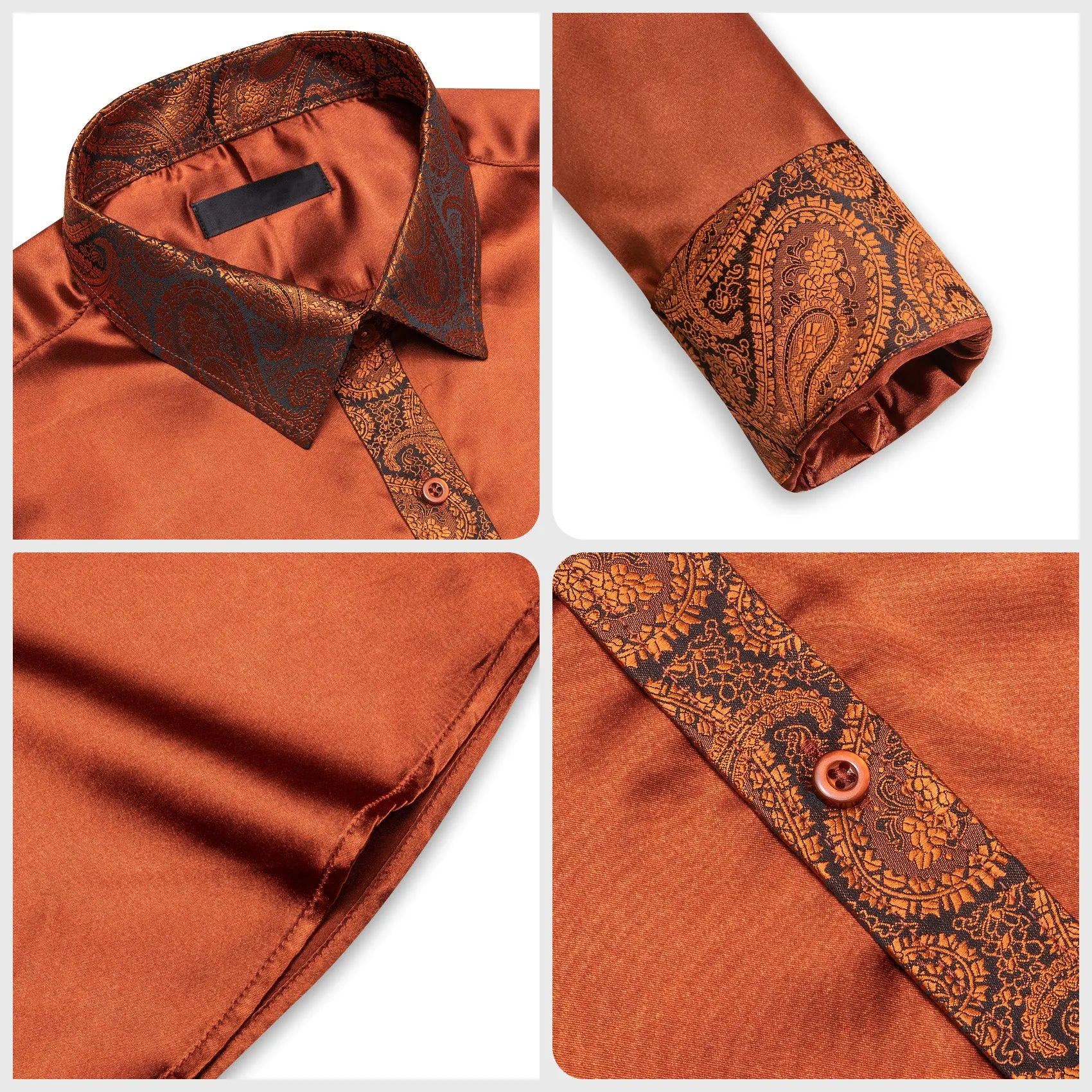 Splicing Style Burnt Orange Solid with Paisley Edge Men's Long Sleeve Shirt