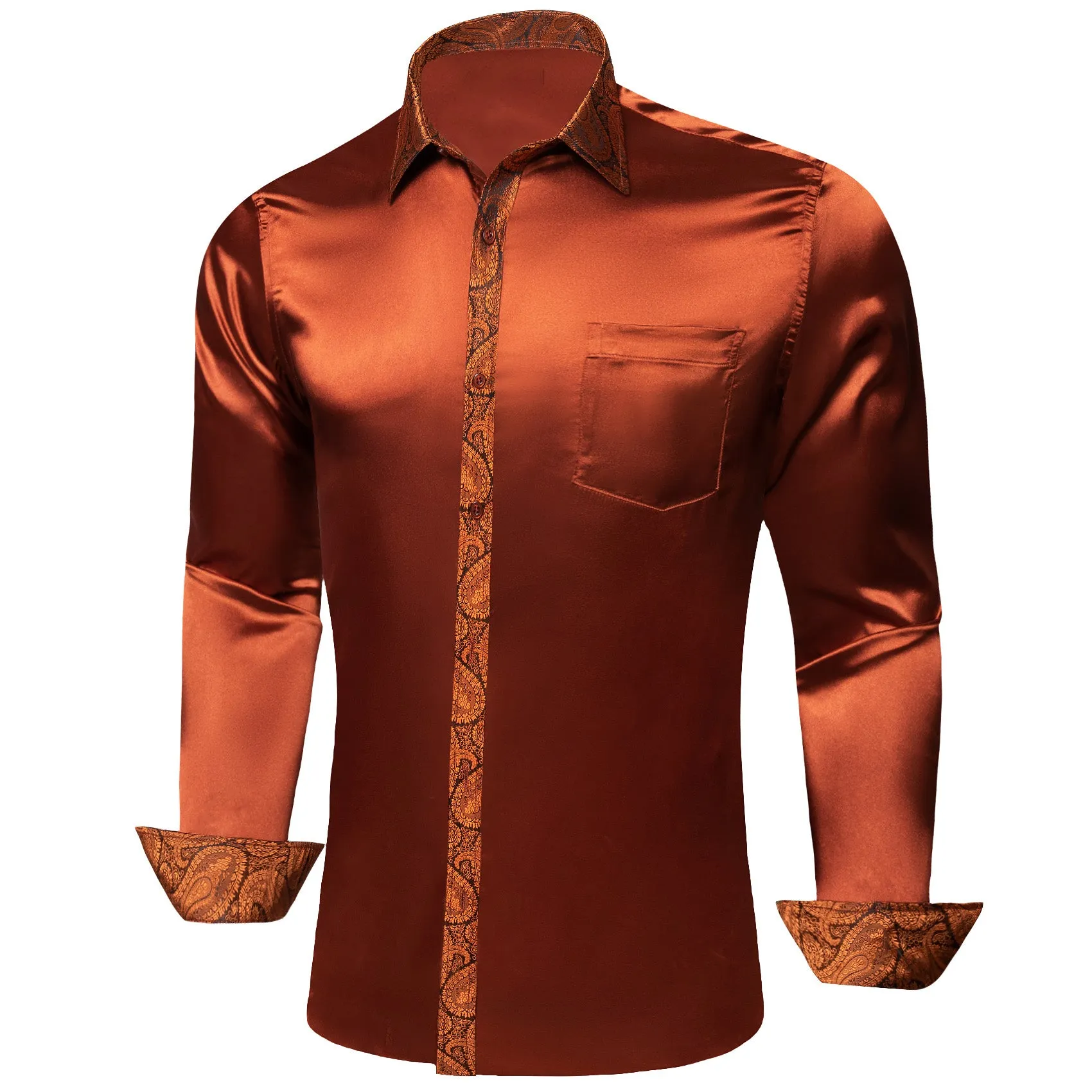 Splicing Style Burnt Orange Solid with Paisley Edge Men's Long Sleeve Shirt