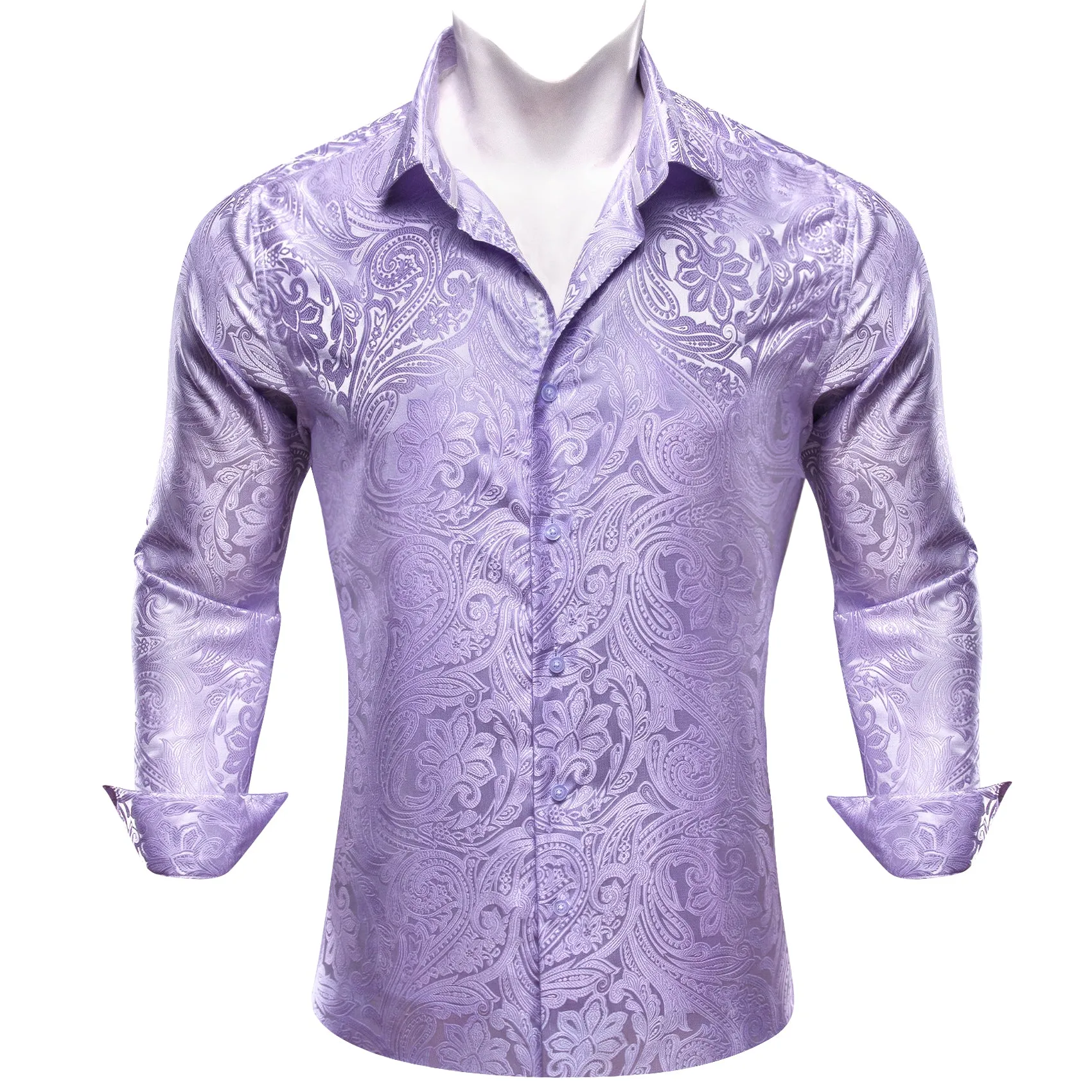 Stylish Light Purple Paisley Silk Men's Casual Business Long Sleeve Shirt