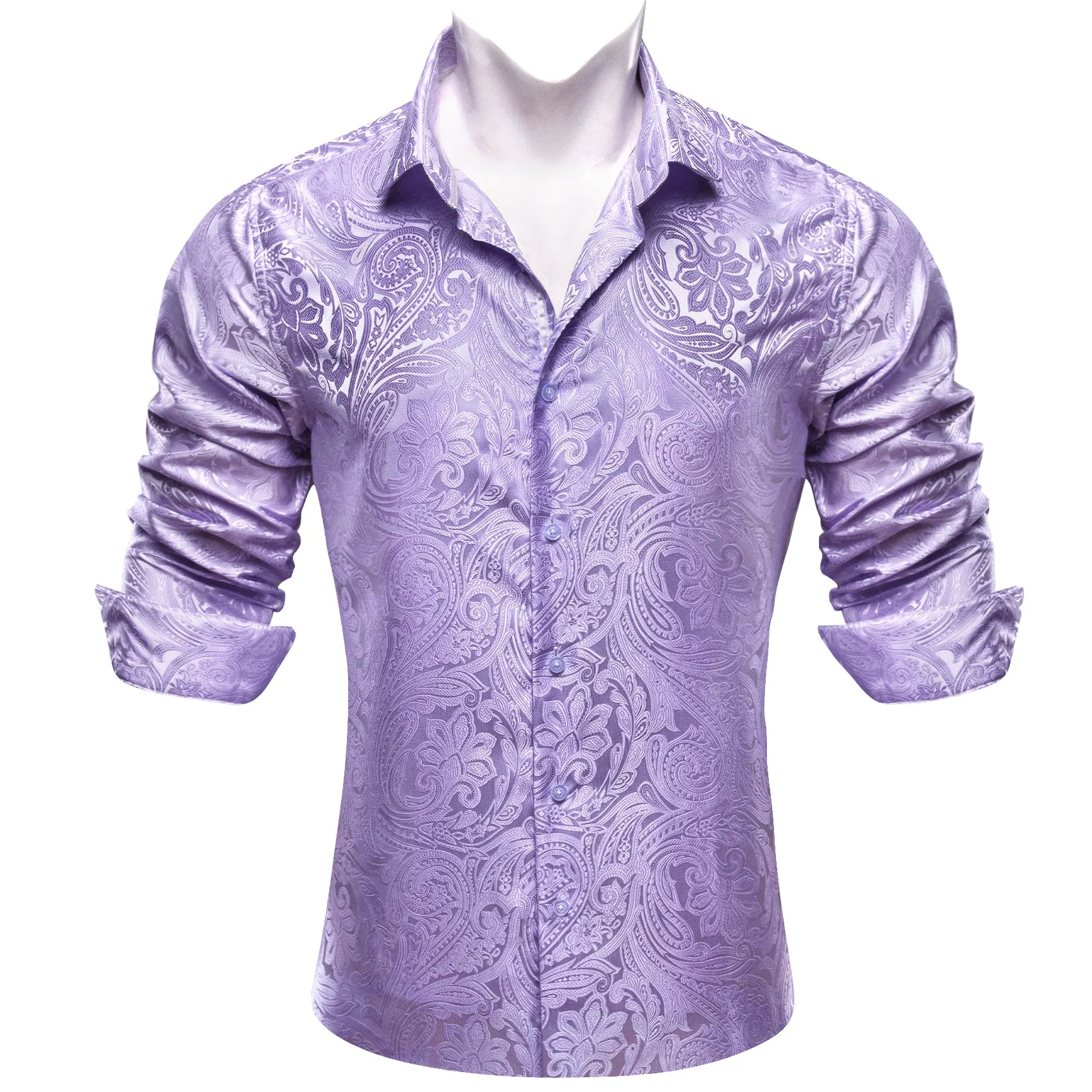 Stylish Light Purple Paisley Silk Men's Casual Business Long Sleeve Shirt