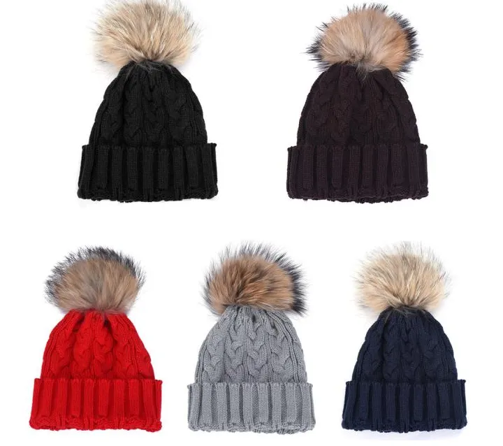 Stylish Winter Free Size 6Colors Warm Fur Knitting Wool Ski Beanie Raccoon Pom  Hat For Women