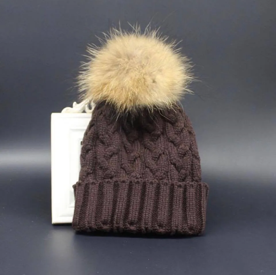 Stylish Winter Free Size 6Colors Warm Fur Knitting Wool Ski Beanie Raccoon Pom  Hat For Women