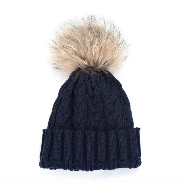 Stylish Winter Free Size 6Colors Warm Fur Knitting Wool Ski Beanie Raccoon Pom  Hat For Women