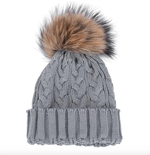 Stylish Winter Free Size 6Colors Warm Fur Knitting Wool Ski Beanie Raccoon Pom  Hat For Women