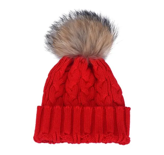 Stylish Winter Free Size 6Colors Warm Fur Knitting Wool Ski Beanie Raccoon Pom  Hat For Women