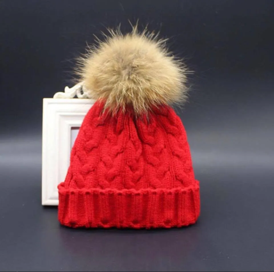 Stylish Winter Free Size 6Colors Warm Fur Knitting Wool Ski Beanie Raccoon Pom  Hat For Women