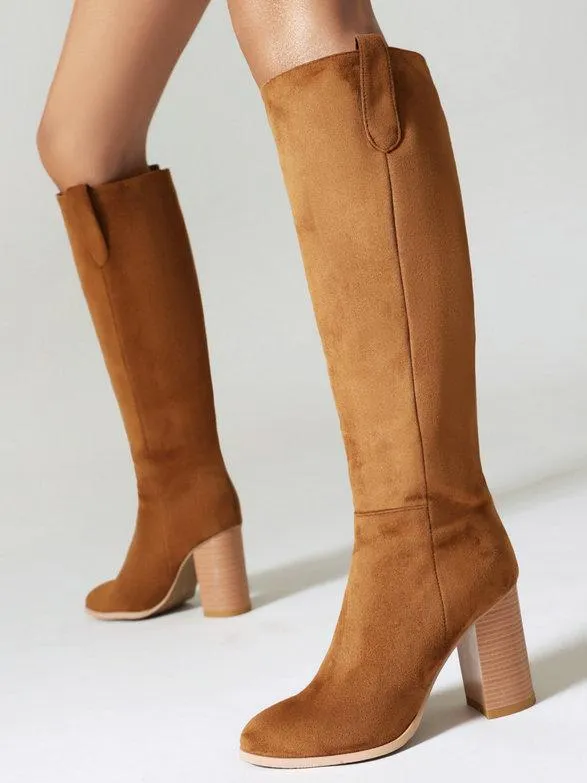 Suede thick heel round toe sleeve high heel boots