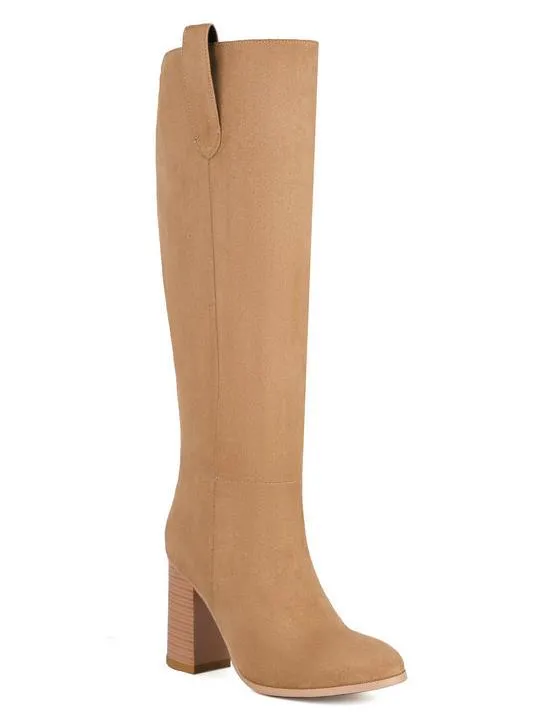 Suede thick heel round toe sleeve high heel boots