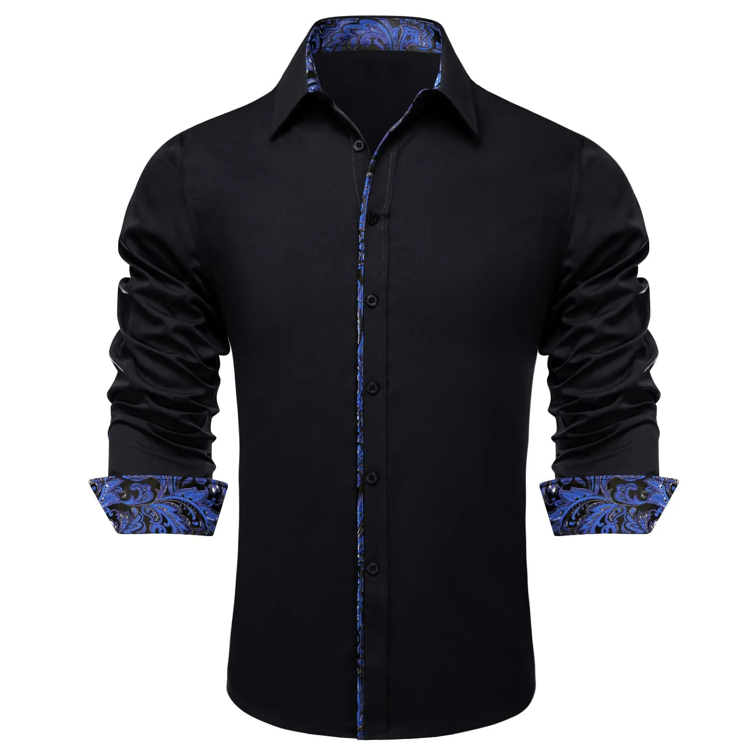 Ties2you Button Down Shirt Black Solid Blue Splicing Mens Silk Shirt