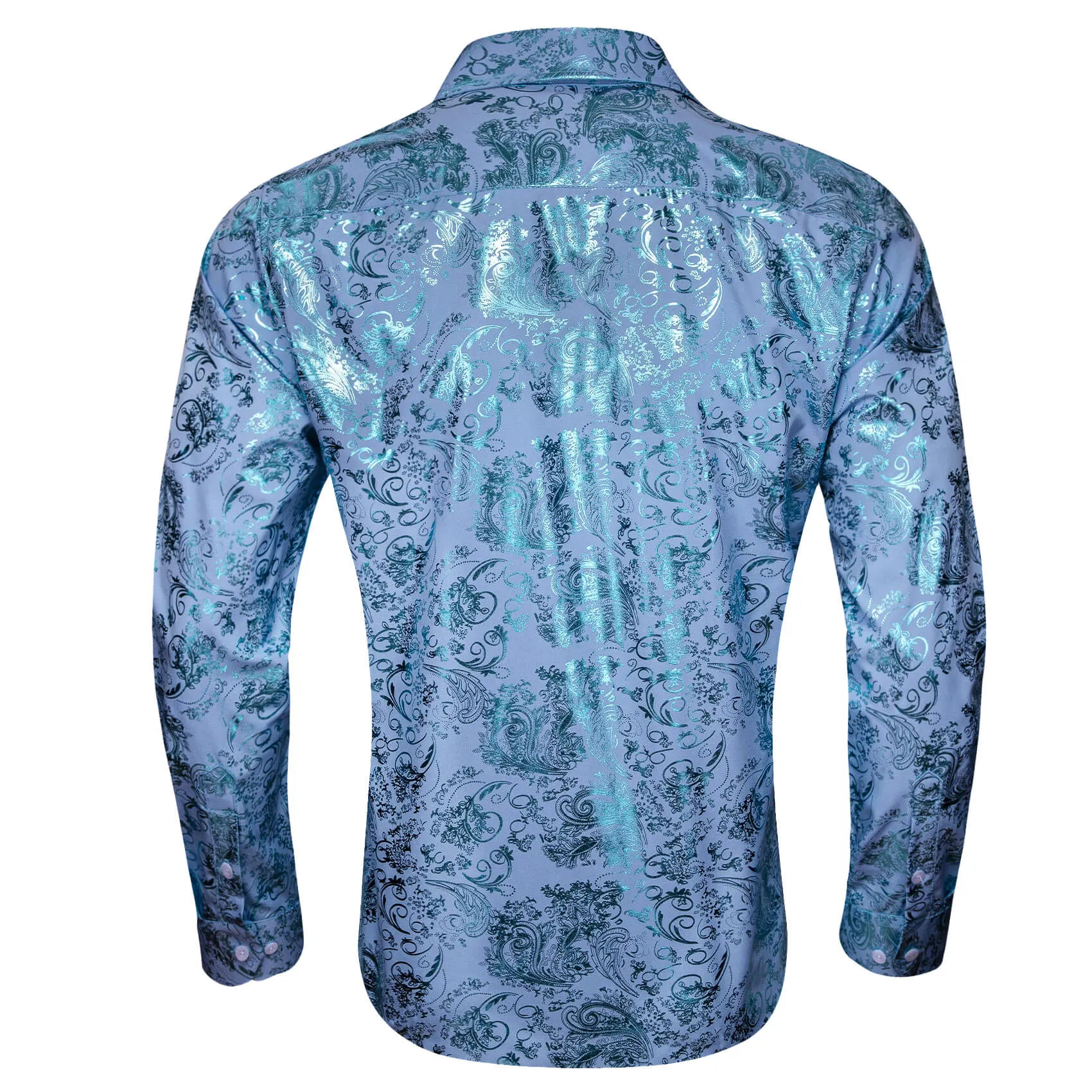 Ties2you Button Down Shirt Sky Blue Bronzing Floral Silk Long Sleeve Shirt for Men