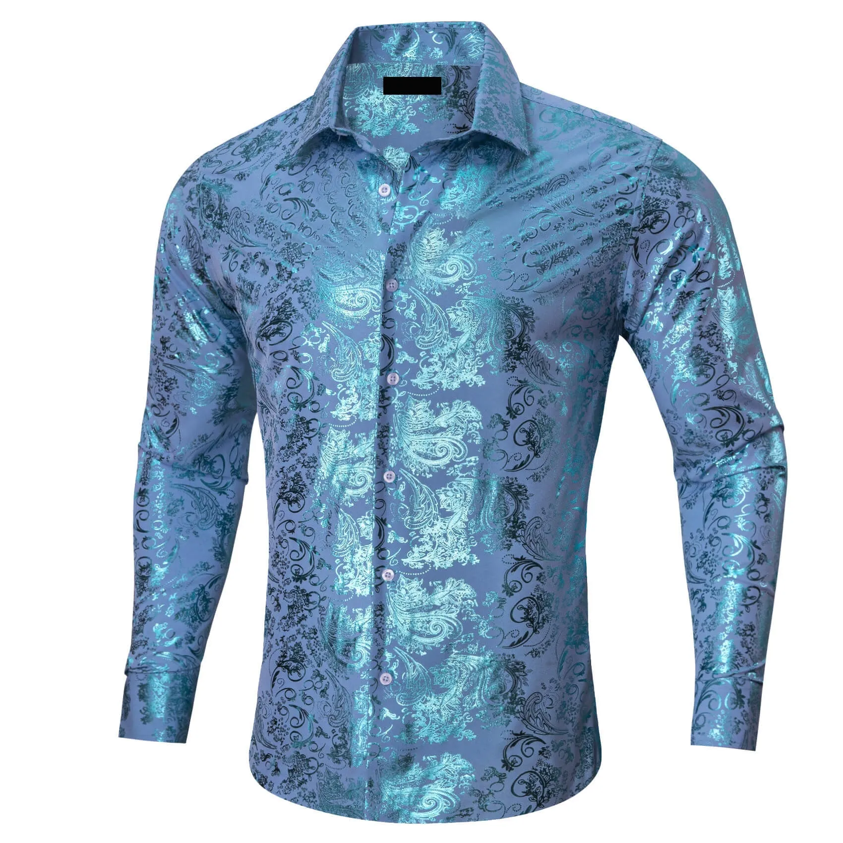 Ties2you Button Down Shirt Sky Blue Bronzing Floral Silk Long Sleeve Shirt for Men