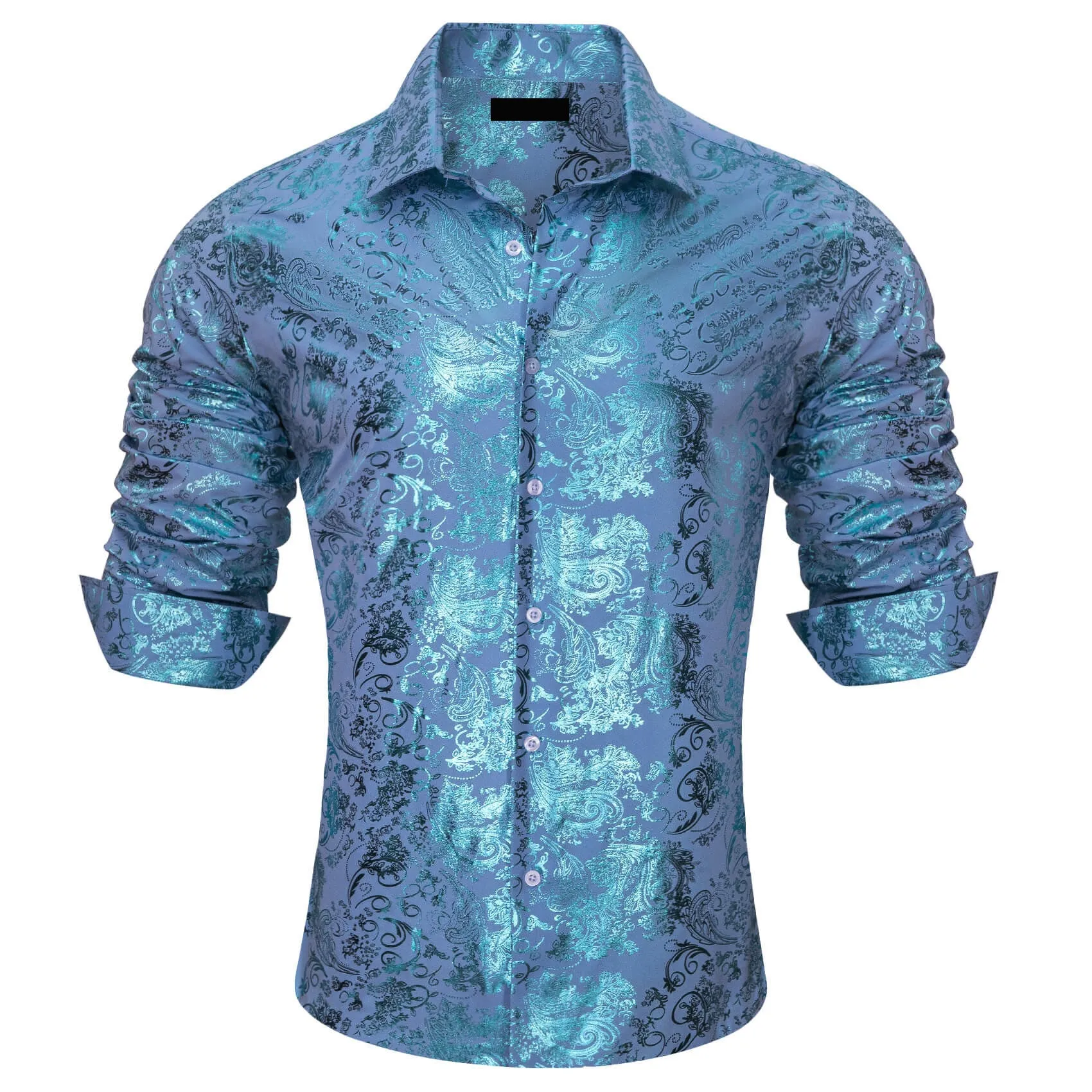 Ties2you Button Down Shirt Sky Blue Bronzing Floral Silk Long Sleeve Shirt for Men