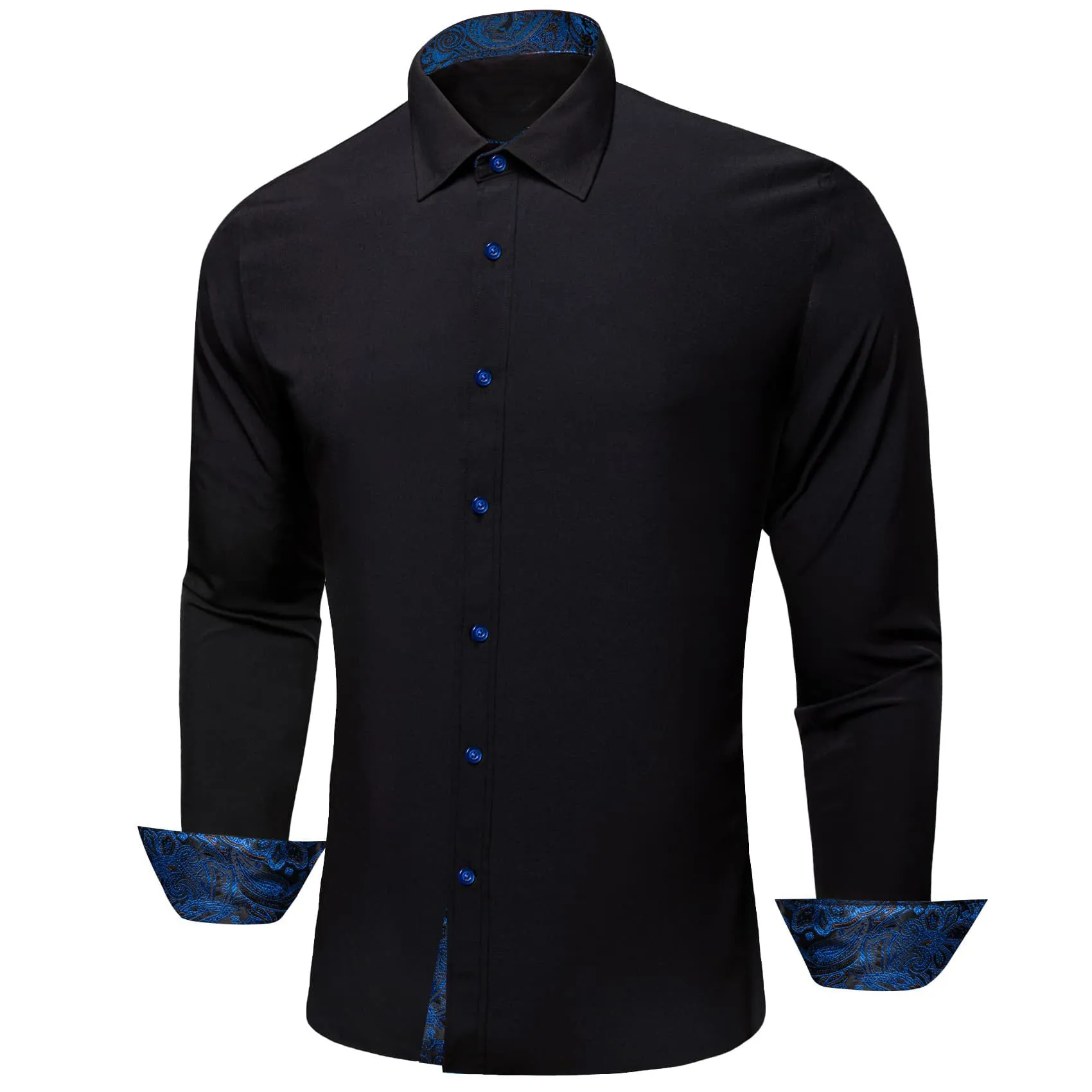 Ties2you Button Up Shirt Black Splicing Navy Blue Silk Long Sleeve Mens Dress Shirt