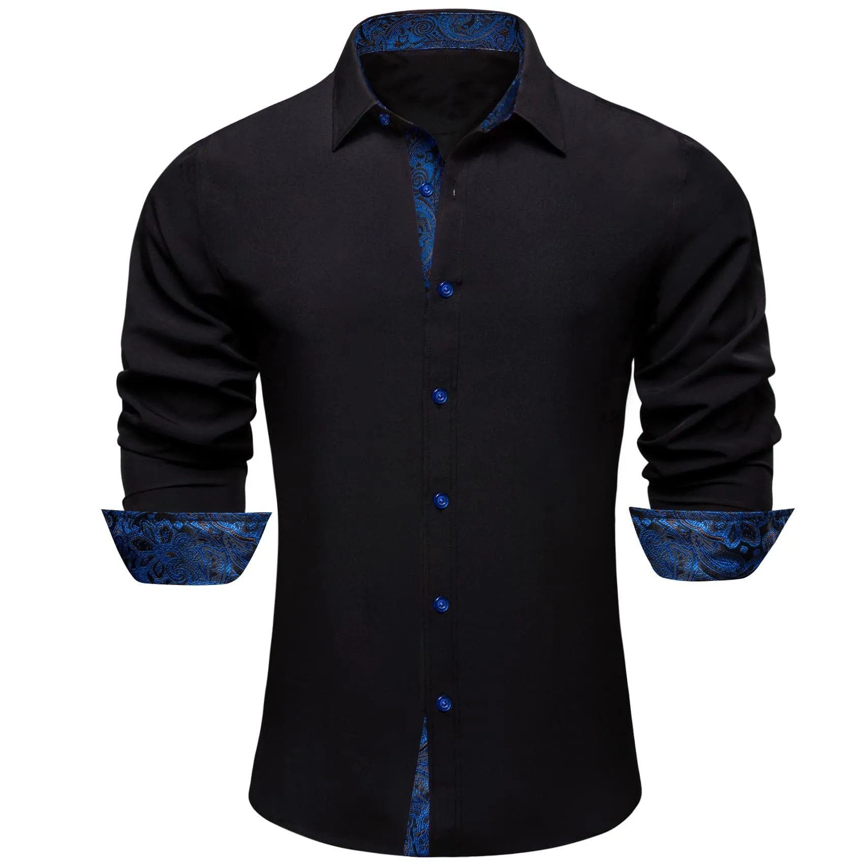 Ties2you Button Up Shirt Black Splicing Navy Blue Silk Long Sleeve Mens Dress Shirt