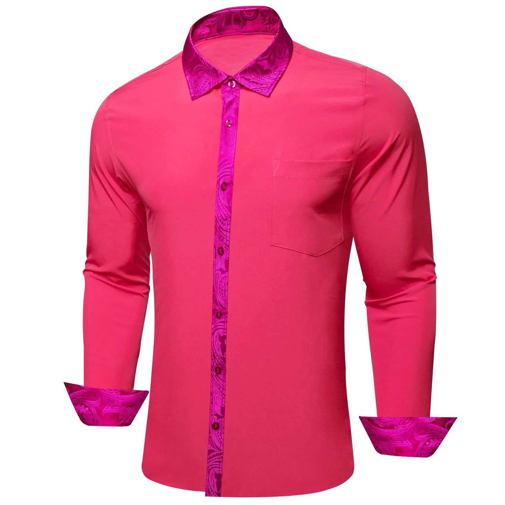 Ties2you Button Up Shirt Dark Pink Splicing Silk Long Sleeve Shirt for Men