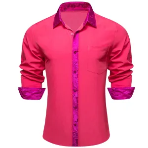 Ties2you Button Up Shirt Dark Pink Splicing Silk Long Sleeve Shirt for Men