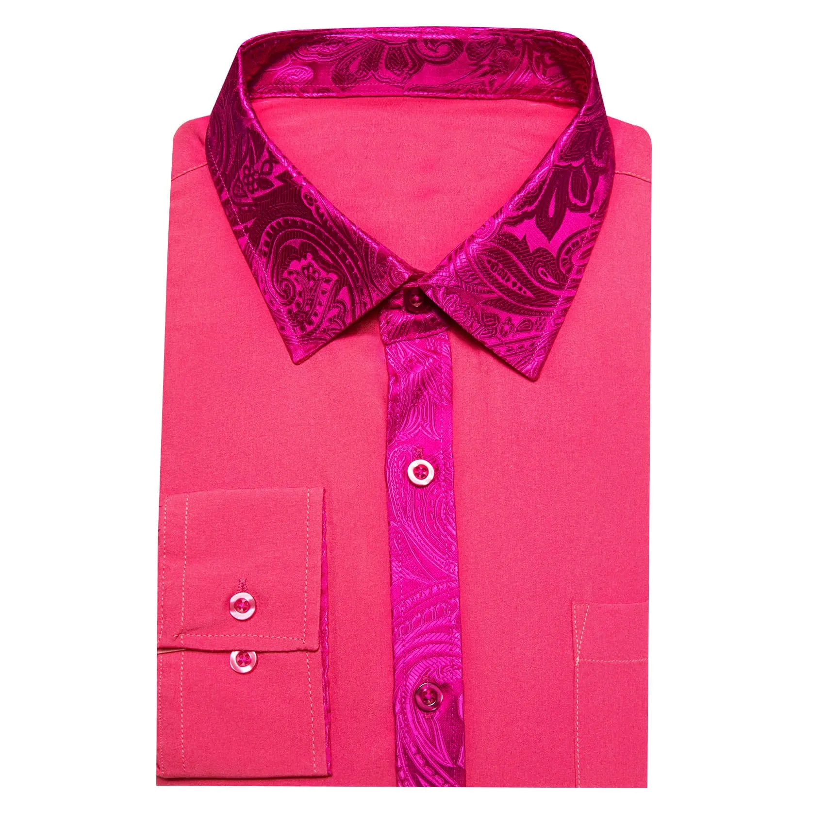 Ties2you Button Up Shirt Dark Pink Splicing Silk Long Sleeve Shirt for Men