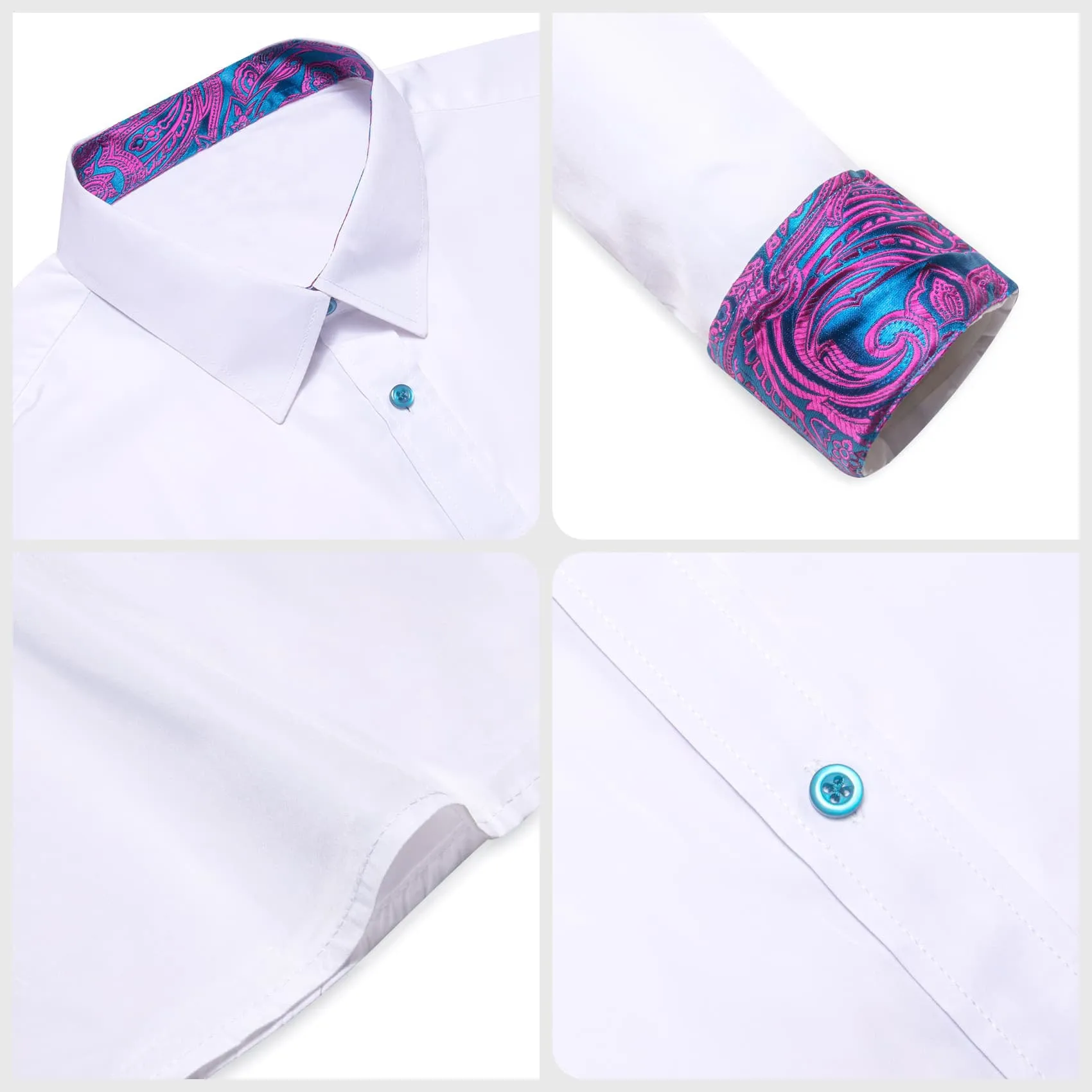 Ties2you Button Up Shirt White Solid Splicing Purple Collared Silk Long Sleeve Shirt for Men