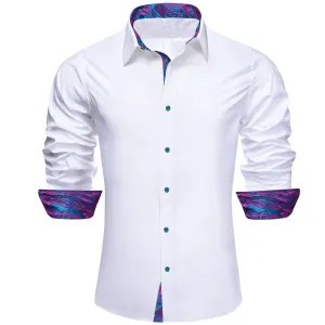 Ties2you Button Up Shirt White Solid Splicing Purple Collared Silk Long Sleeve Shirt for Men