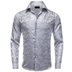 Ties2you Collared Shirt Coin Grey Paisley Button Up Silk Mens Long Sleeve Shirt Top