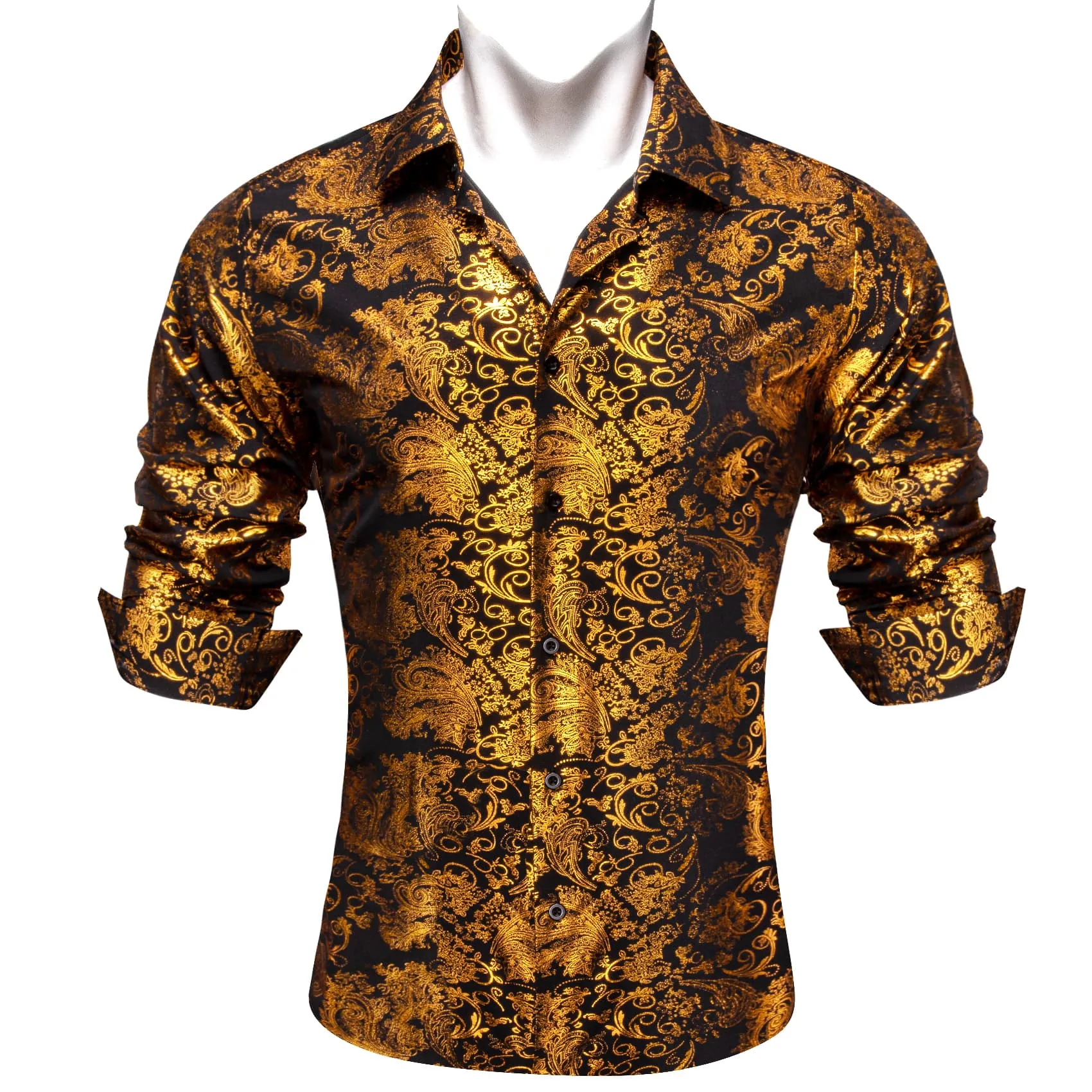 Ties2you Dress Shirt Black Gold Hot Stamping Floral Long Sleeve Button Up Shirts for Men