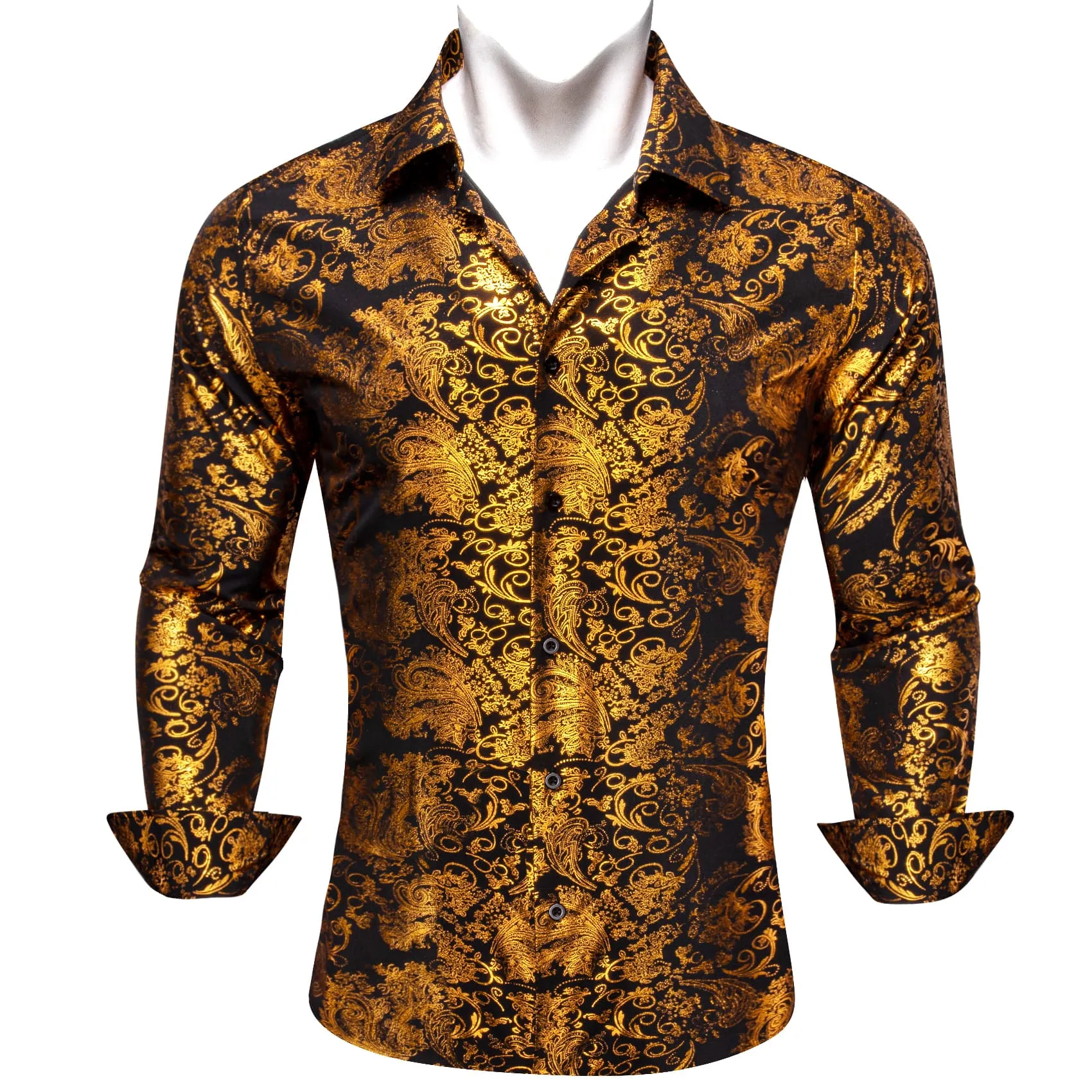 Ties2you Dress Shirt Black Gold Hot Stamping Floral Long Sleeve Button Up Shirts for Men