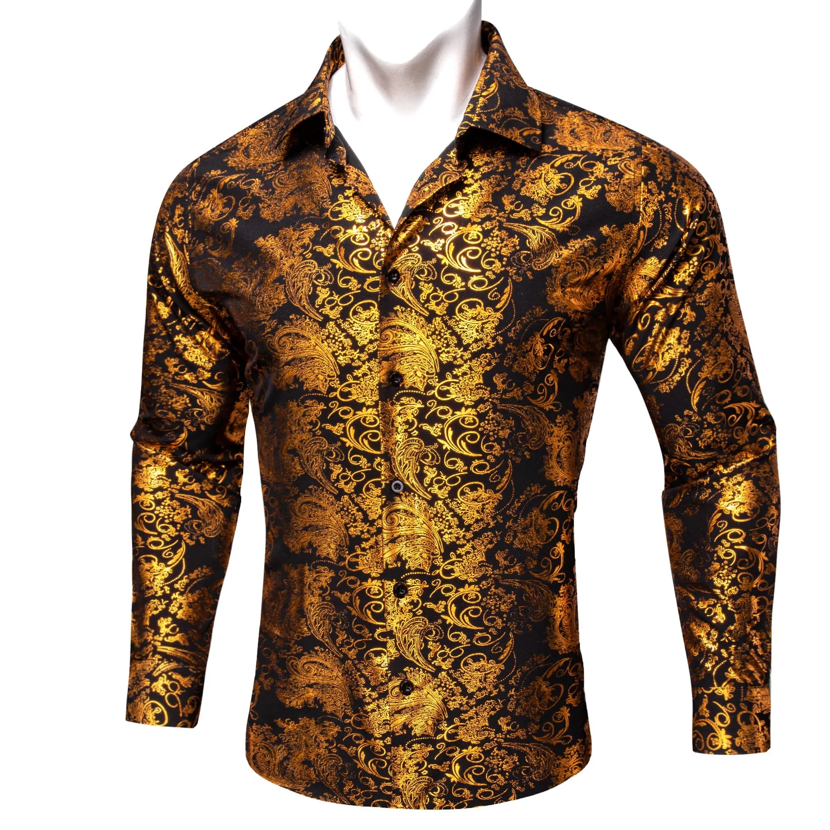 Ties2you Dress Shirt Black Gold Hot Stamping Floral Long Sleeve Button Up Shirts for Men