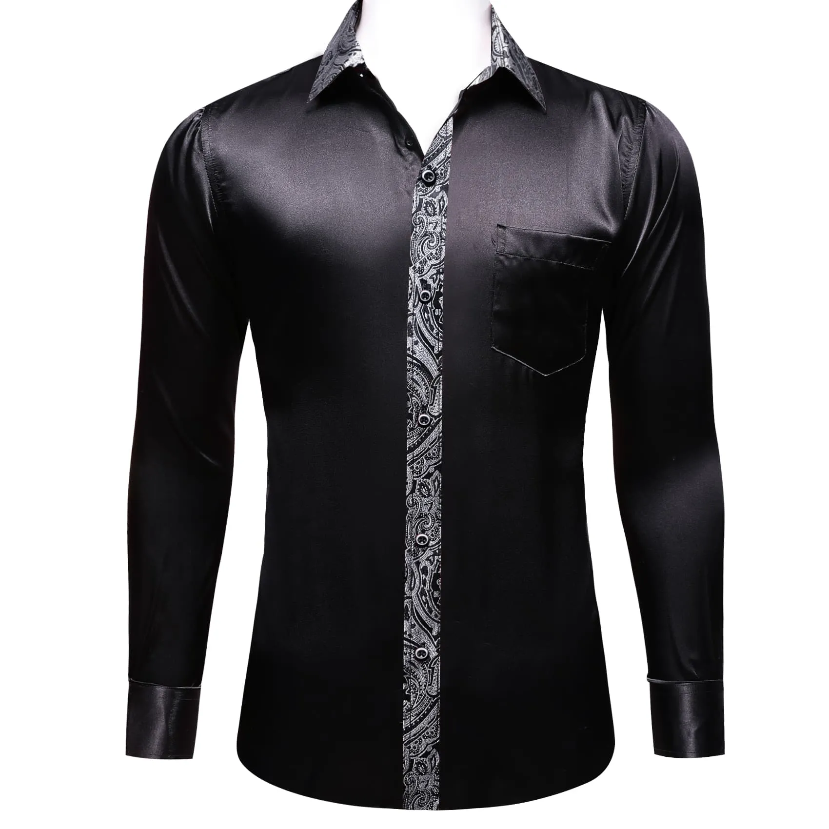 Ties2you Dress Shirt Black Solid Splicing Grey Paisley Button Down Men's Long Sleeve Shirt