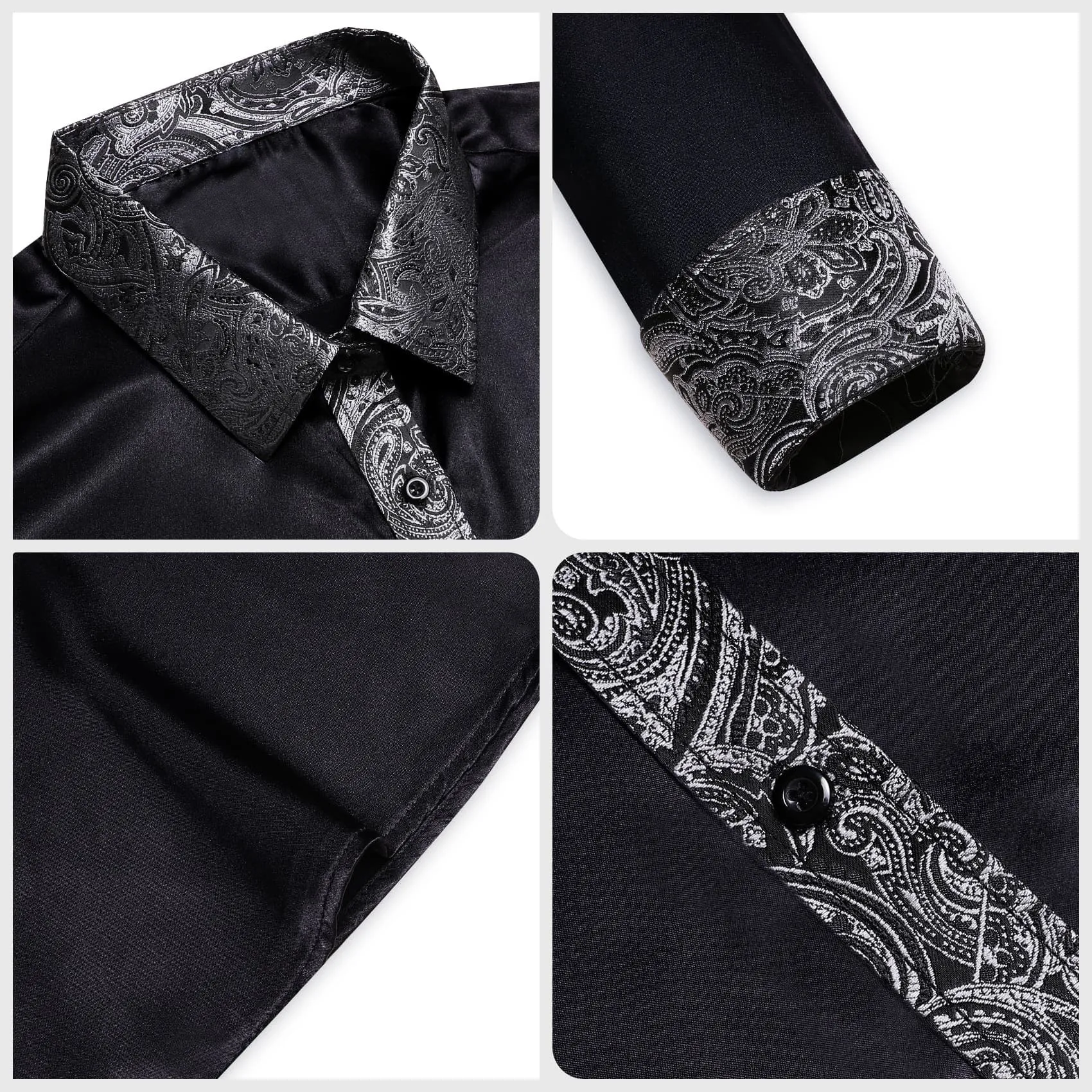 Ties2you Dress Shirt Black Solid Splicing Grey Paisley Button Down Men's Long Sleeve Shirt