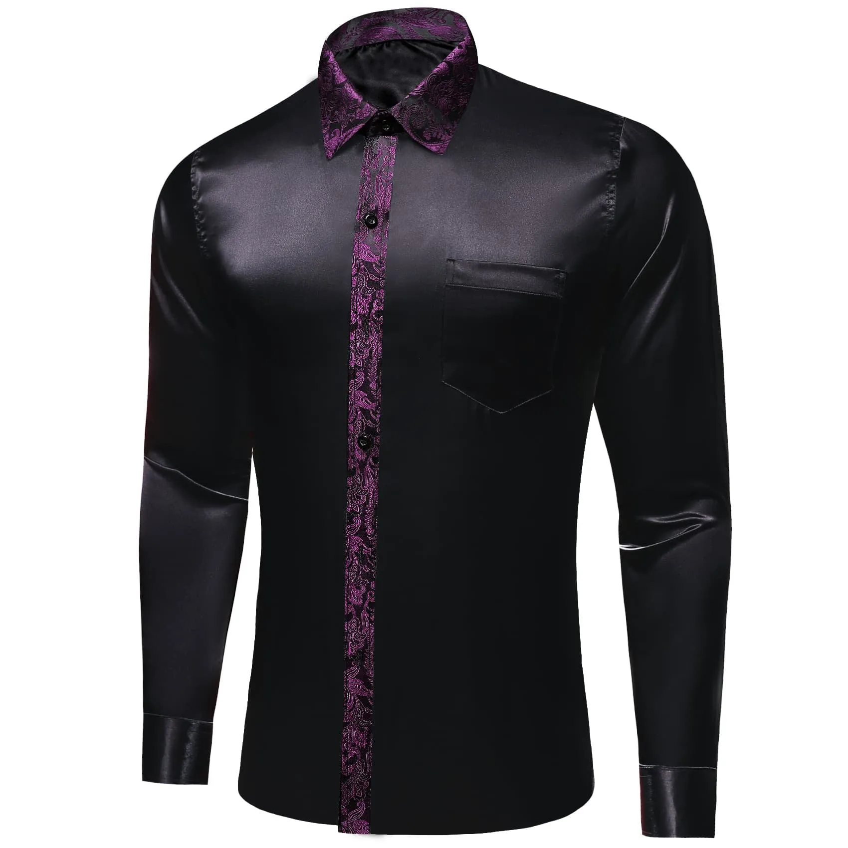 Ties2you Dress Shirt Black Solid Splicing Purple Paisley Button Down Men's Long Sleeve Shirt